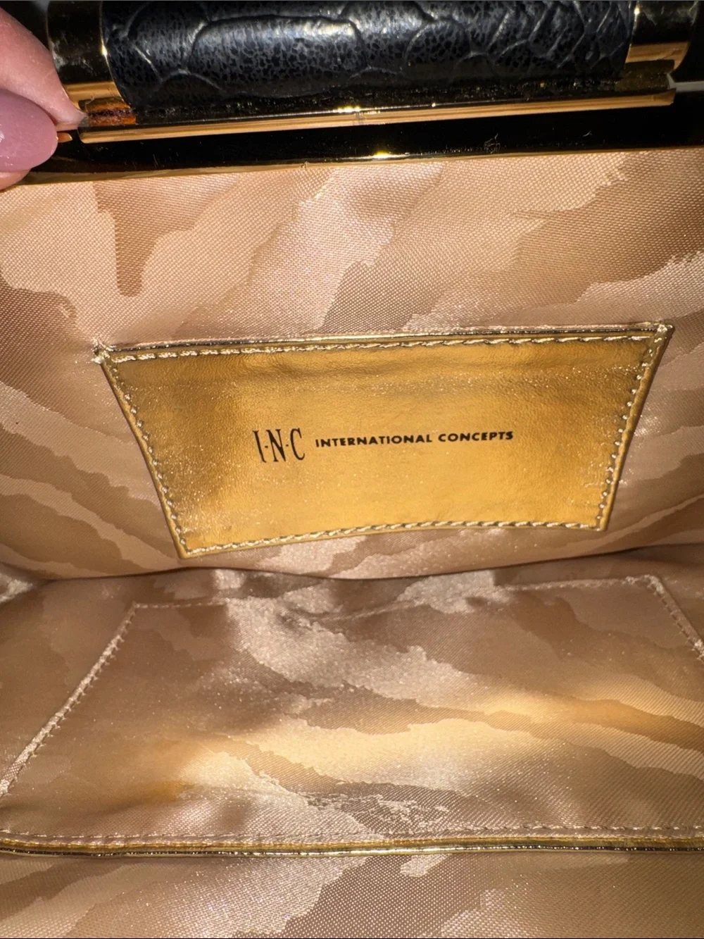 INC International Concepts Black Snake-Embossed Clutch with Gold Frame